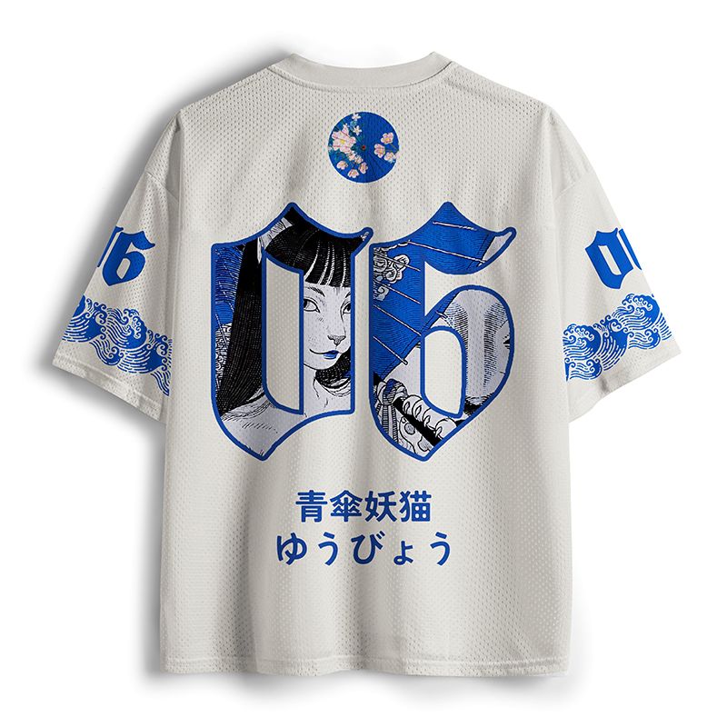Kyoto-Lion Yokai Cat Beneath Blue Umbrella Mesh Jersey