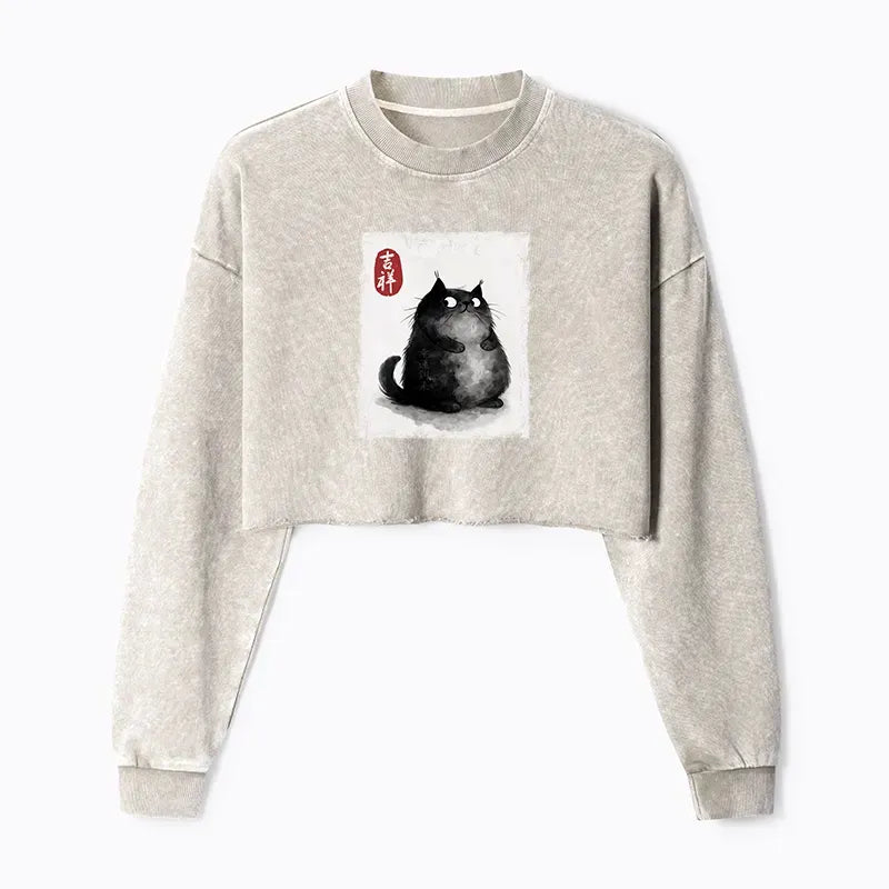 Kyoto-Lion Auspicious Fluffy Black Cat Ink Painting Washed Crop Sweatshirt