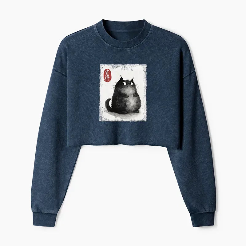 Japanese ink painting cat crop sweatshirt