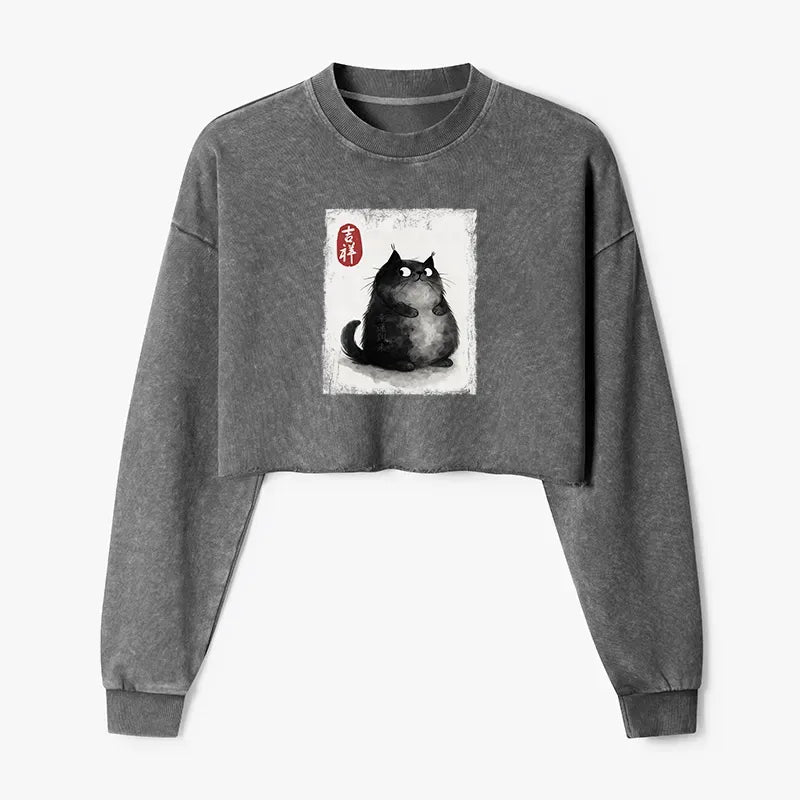 Japanese ink painting cat crop sweatshirt