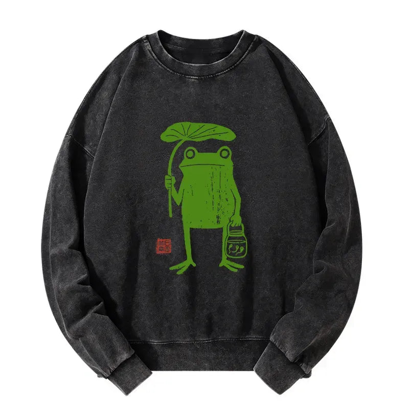 Kyoto-Lion Frogs Taking Shelter From The Rain Washed Sweatshirt