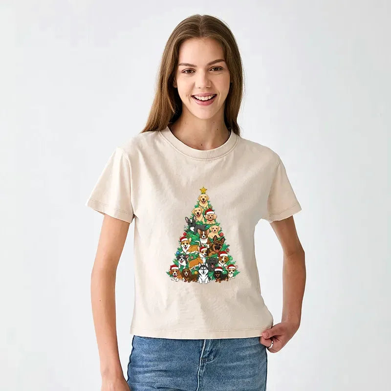 Kyoto-Lion Christmas Tree Dog Funny Women's Washed T-shirt