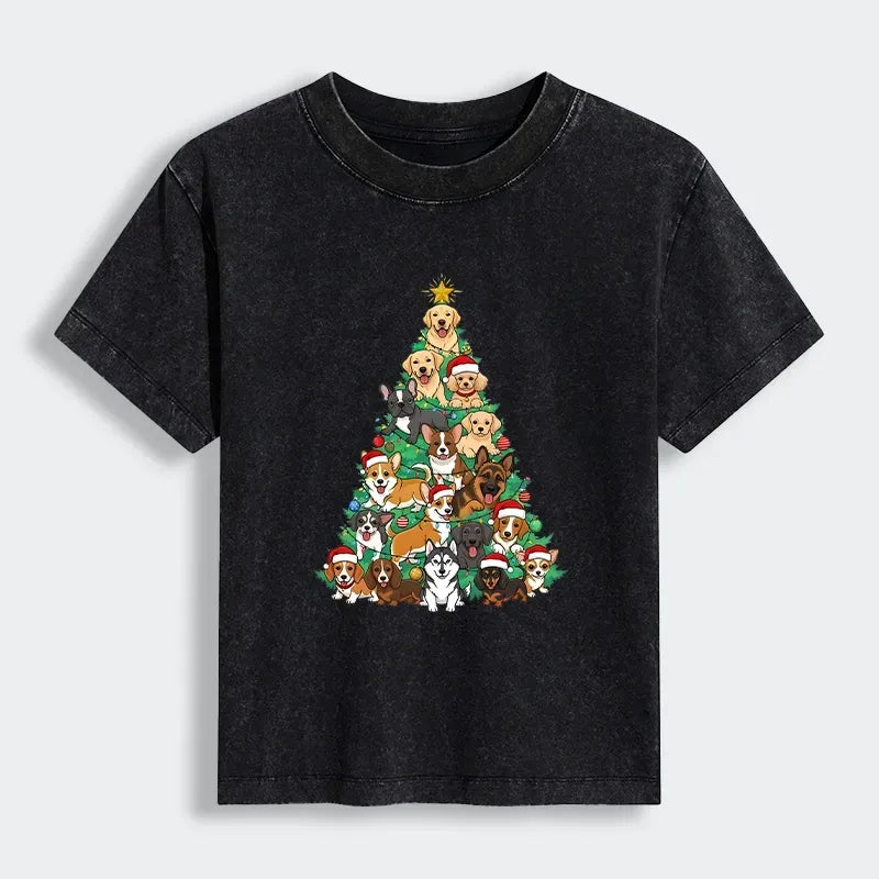 Kyoto-Lion Christmas Tree Dog Funny Women's Washed T-shirt