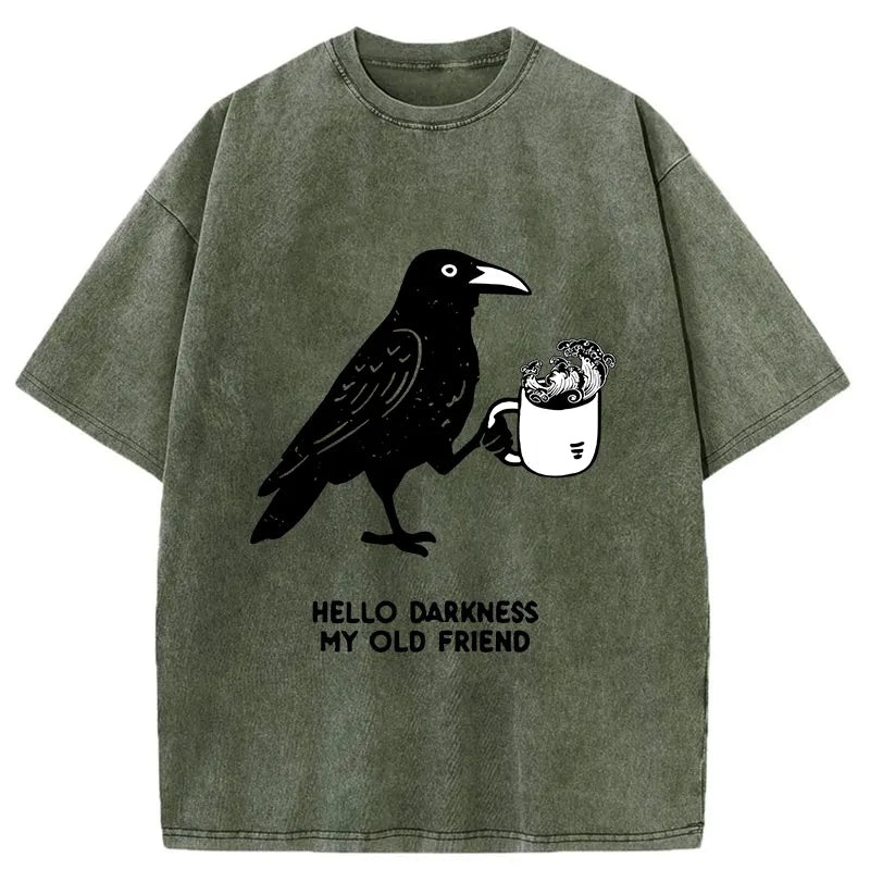 Kyoto-Lion Crow Drinking Black Coffee Funny Washed T-Shirt