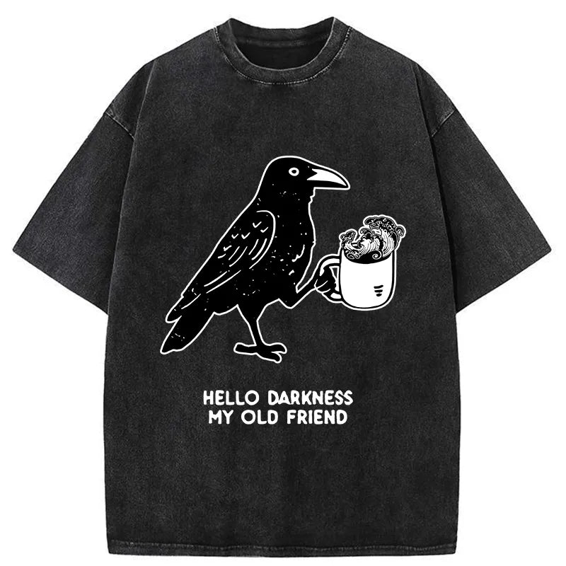Kyoto-Lion Crow Drinking Black Coffee Funny Washed T-Shirt