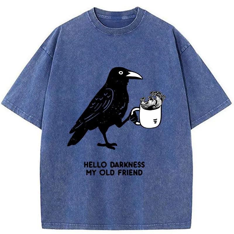 Kyoto-Lion Crow Drinking Black Coffee Funny Washed T-Shirt