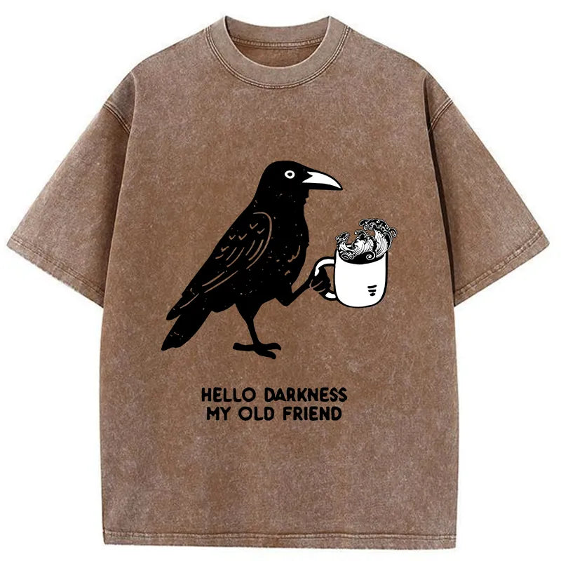Kyoto-Lion Crow Drinking Black Coffee Funny Washed T-Shirt