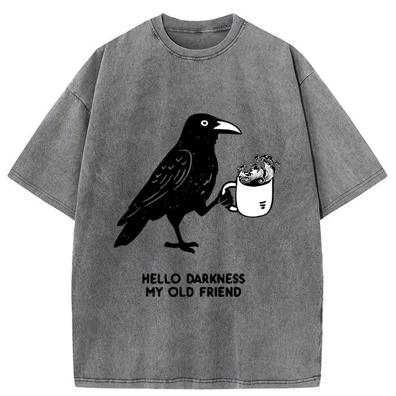 Kyoto-Lion Crow Drinking Black Coffee Funny Washed T-Shirt