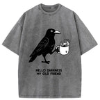 Kyoto-Lion Crow Drinking Black Coffee Funny Washed T-Shirt