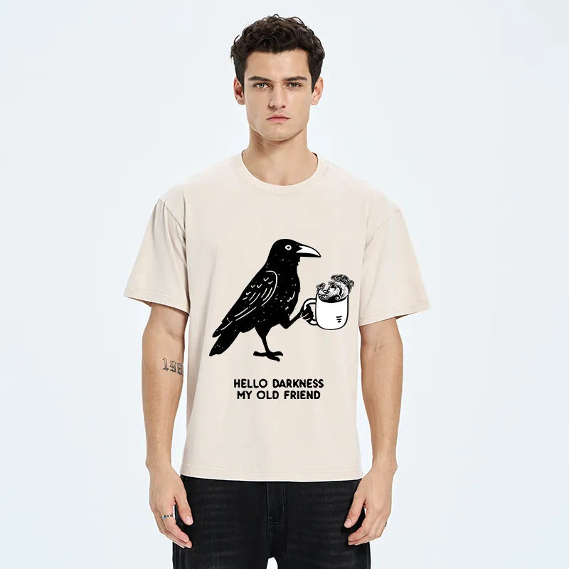 Kyoto-Lion Crow Drinking Black Coffee Funny Washed T-Shirt
