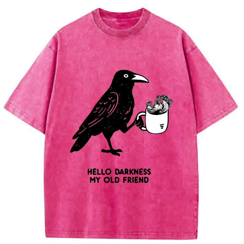 Kyoto-Lion Crow Drinking Black Coffee Funny Washed T-Shirt
