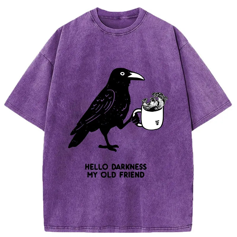 Kyoto-Lion Crow Drinking Black Coffee Funny Washed T-Shirt