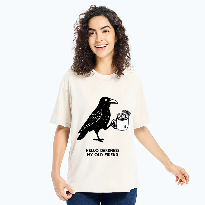 Kyoto-Lion Crow Drinking Black Coffee Funny Washed T-Shirt