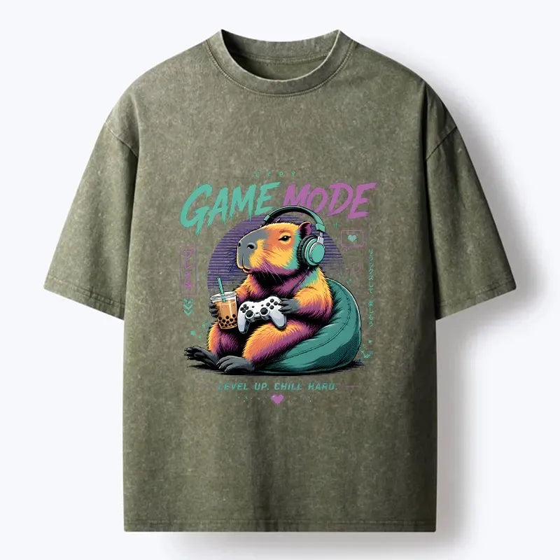 Kyoto-Lion Cozy Capybara Play Video Games Washed T-Shirt