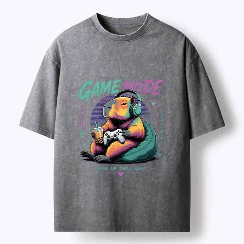 Kyoto-Lion Cozy Capybara Play Video Games Washed T-Shirt