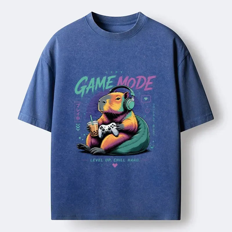 Kyoto-Lion Cozy Capybara Play Video Games Washed T-Shirt