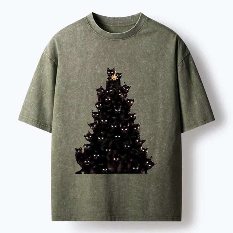 Kyoto-Lion Cat Christmas Stack Washed T-Shirt