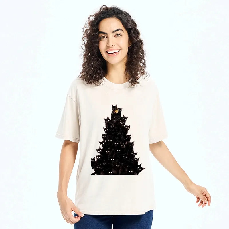 Kyoto-Lion Cat Christmas Stack Washed T-Shirt