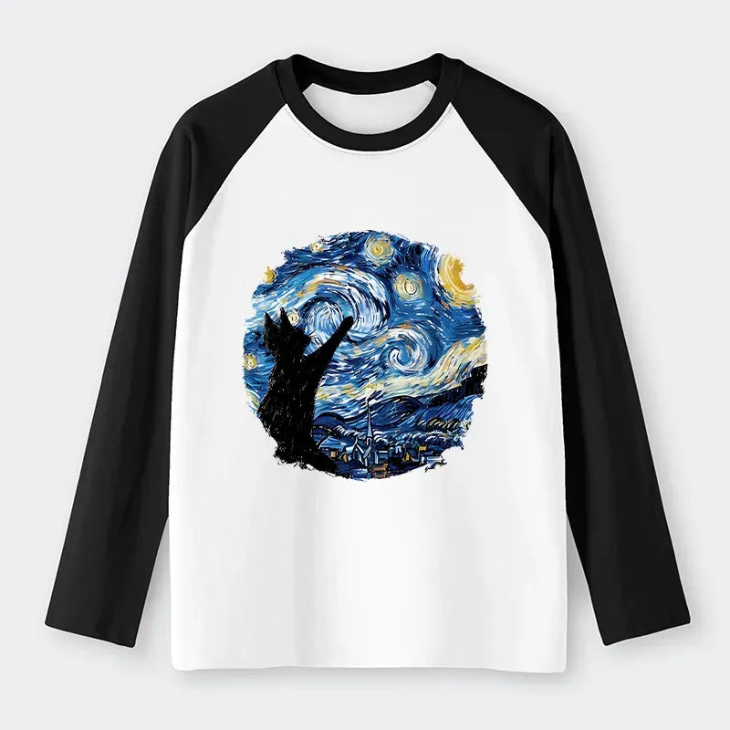 Kyoto-Lion Starry Night Black Cat Raglan Long Sleeve T-shirt