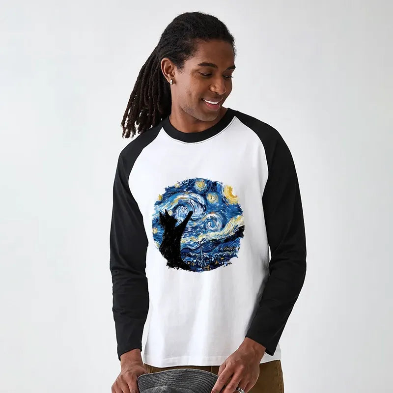 Kyoto-Lion Starry Night Black Cat Raglan Long Sleeve T-shirt