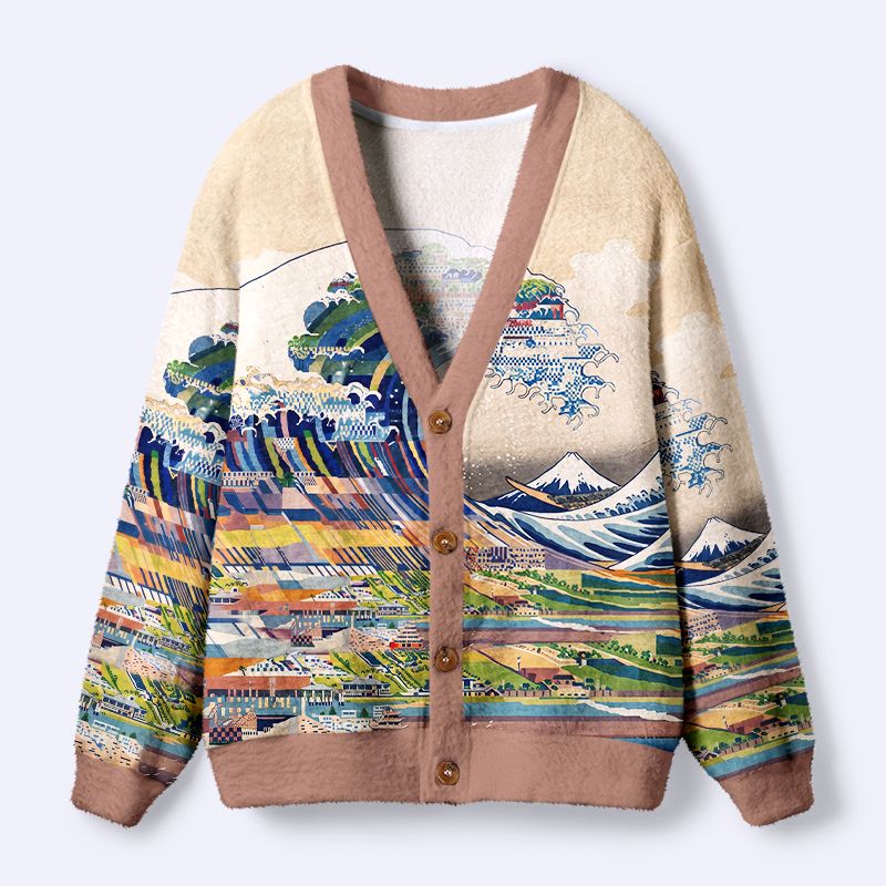 Kyoto-Lion Japanese Mount Fuji Wave Art Ugly Cardigan Sweater
