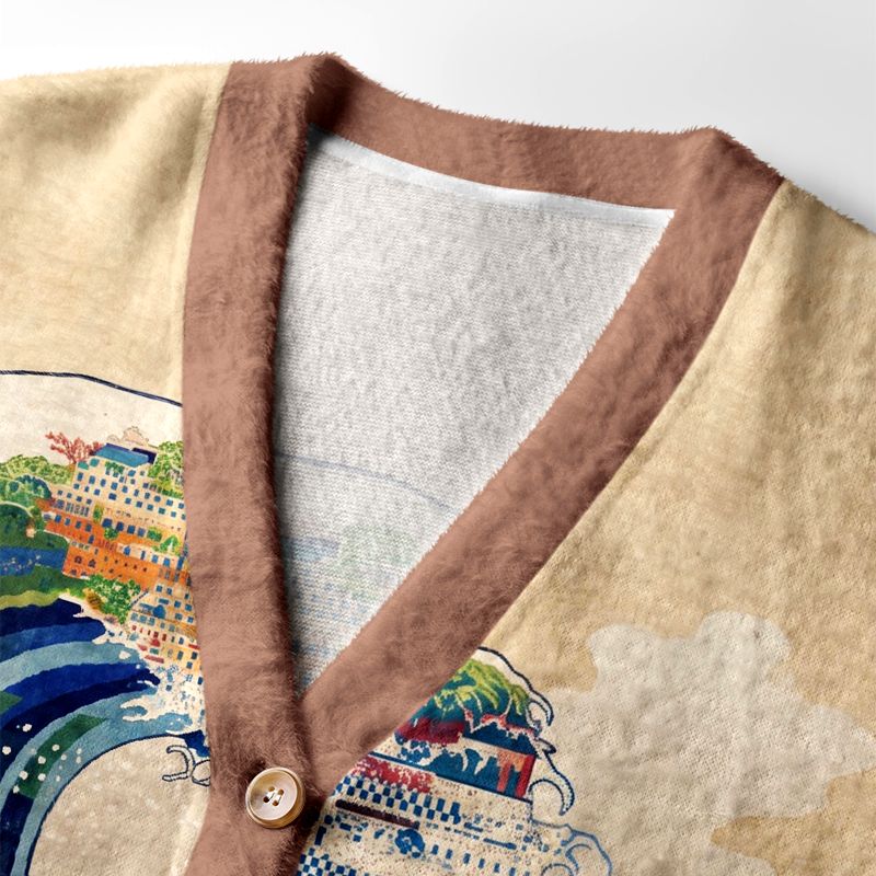 Kyoto-Lion Japanese Mount Fuji Wave Art Ugly Cardigan Sweater