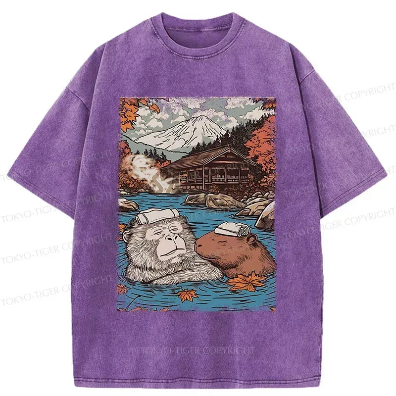 Kyoto-Lion Monkeys And Capybara Taking A Bath Washed T-Shirt