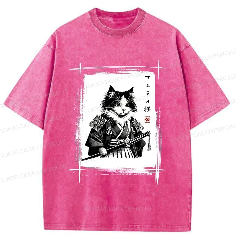 Samurai Cat Washed T-Shirt for Daily Wear
