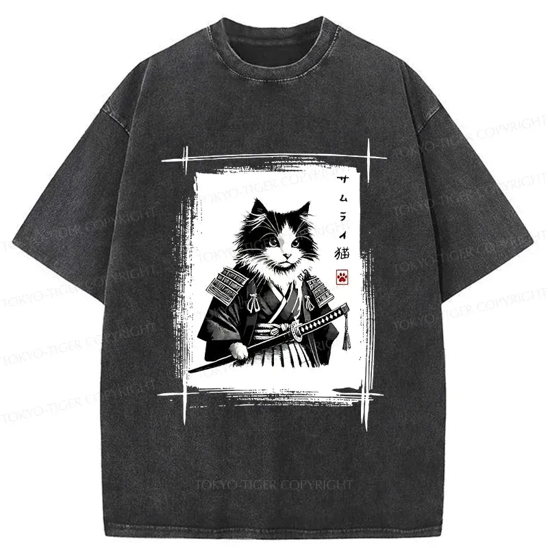 Samurai Cat Washed T-Shirt for Daily Wear