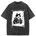 Samurai Cat Washed T-Shirt for Daily Wear