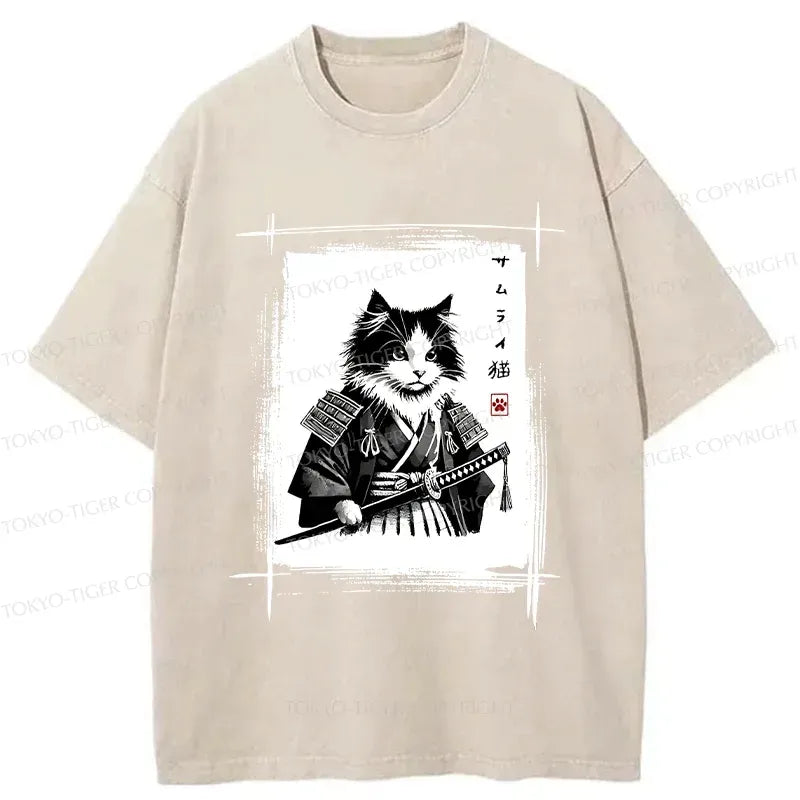 Kyoto-Lion Tuxedo Samurai Cat Washed T-Shirt