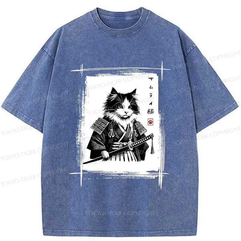 Kyoto-Lion Tuxedo Samurai Cat Washed T-Shirt