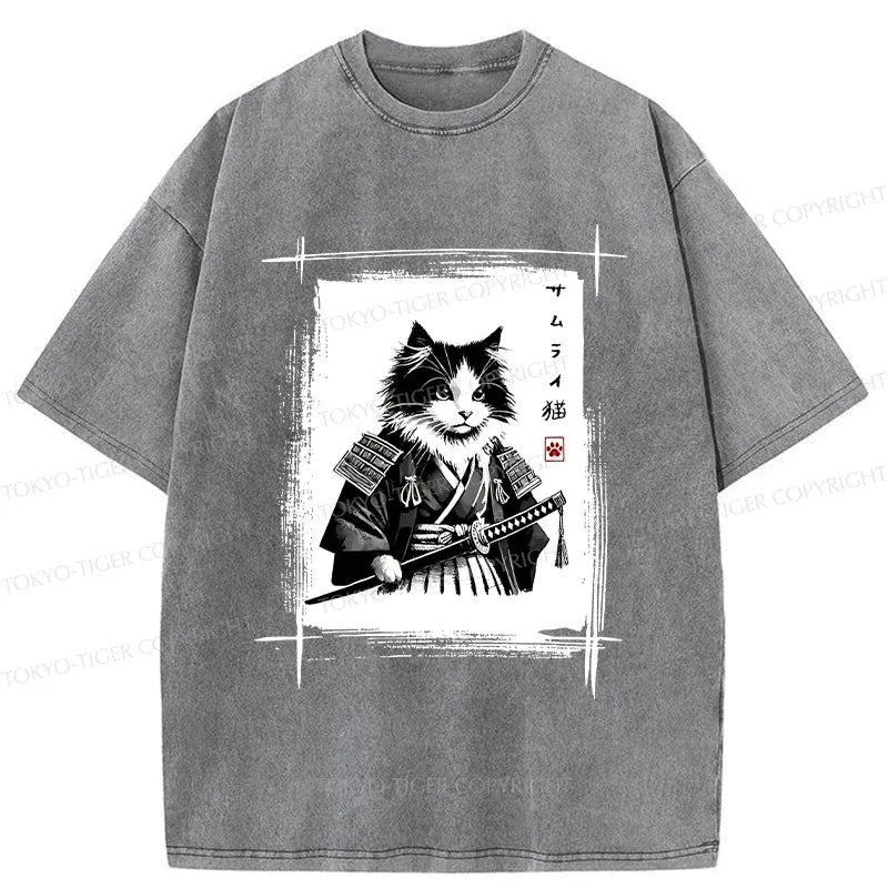 Kyoto-Lion Tuxedo Samurai Cat Washed T-Shirt