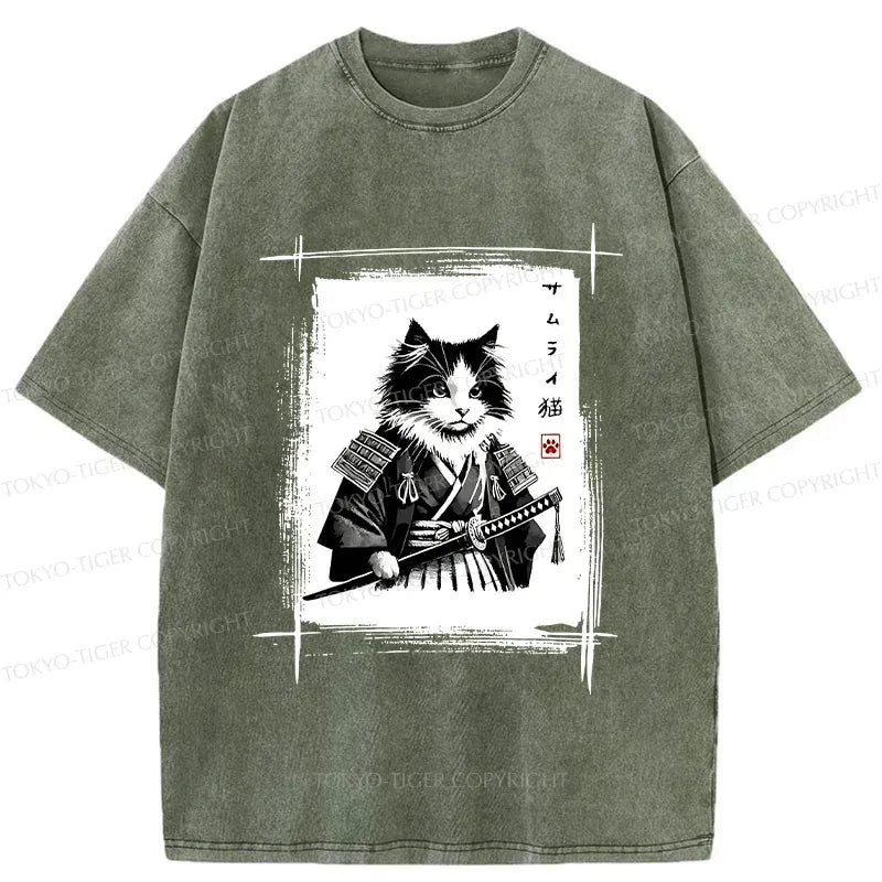 Samurai Cat Washed T-Shirt for Daily Wear