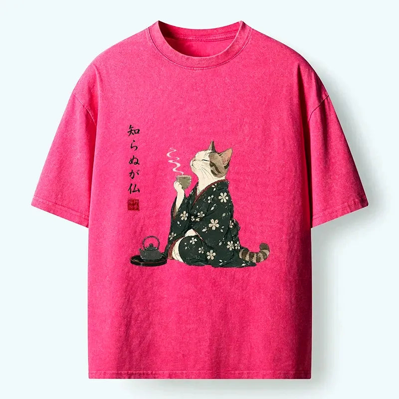 Kyoto-Lion Zen Cat Drinking Tea In A Kimono Washed T-Shirt