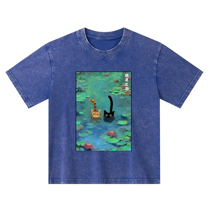 funny cats swimming in lilies kids washed t-shirt