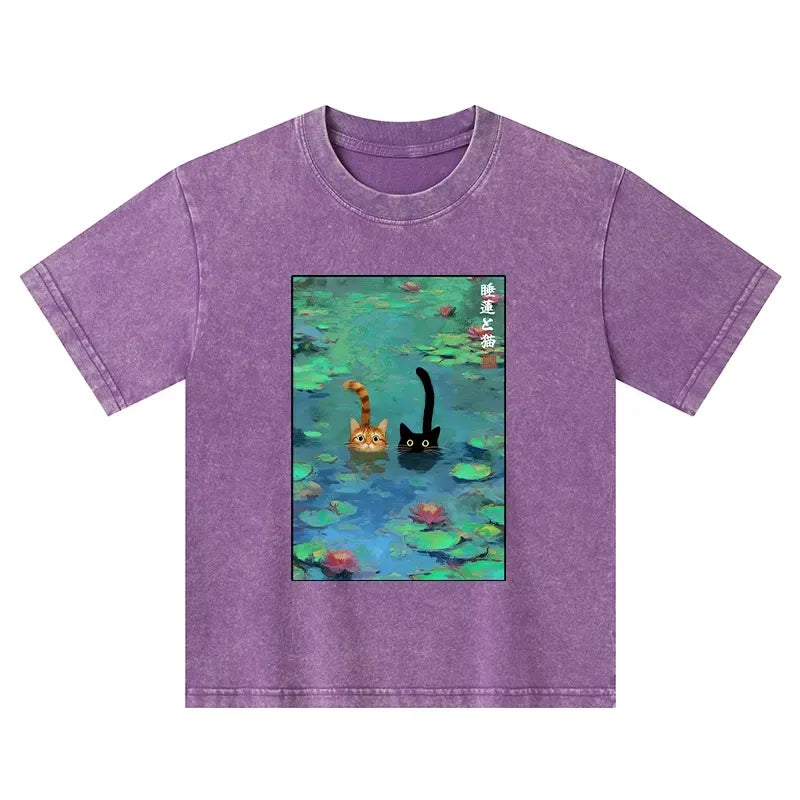 funny cats swimming in lilies kids washed t-shirt
