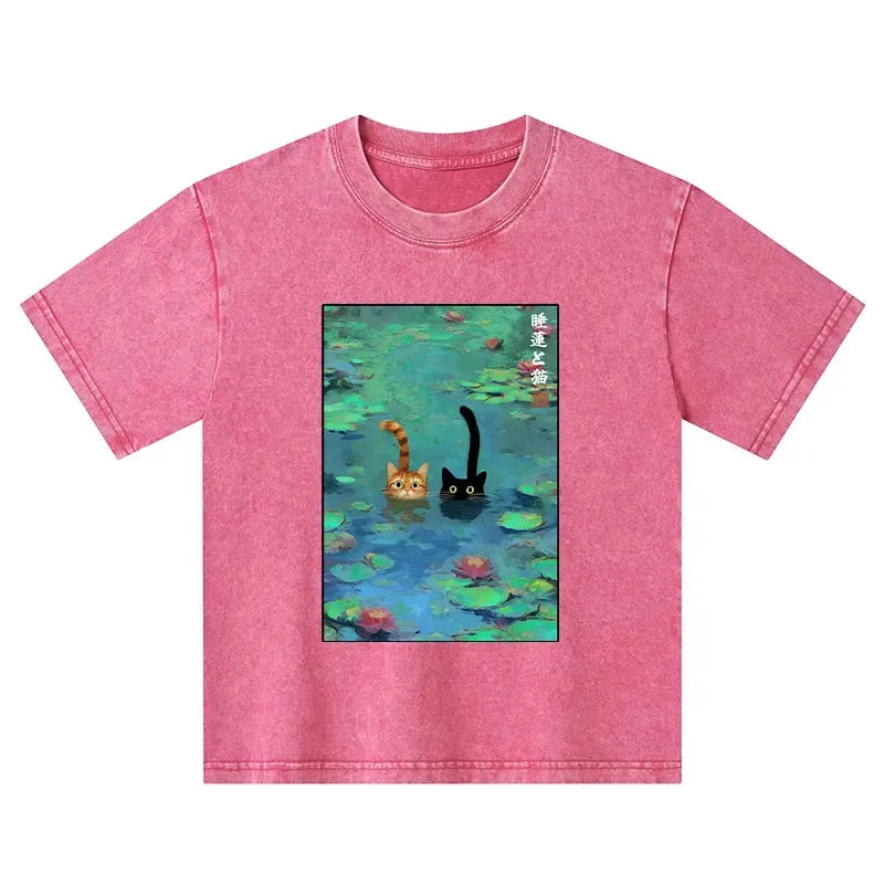 funny cats swimming in lilies kids washed t-shirt
