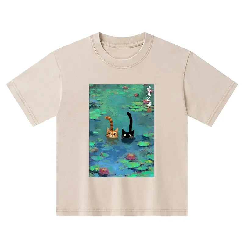 funny cats swimming in lilies kids washed t-shirt