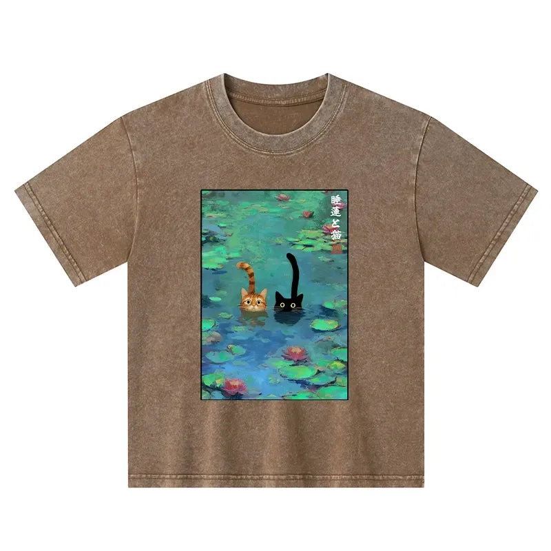 Kyoto-Lion Funny Cats Swimming In Lilies Kids Washed T-Shirt