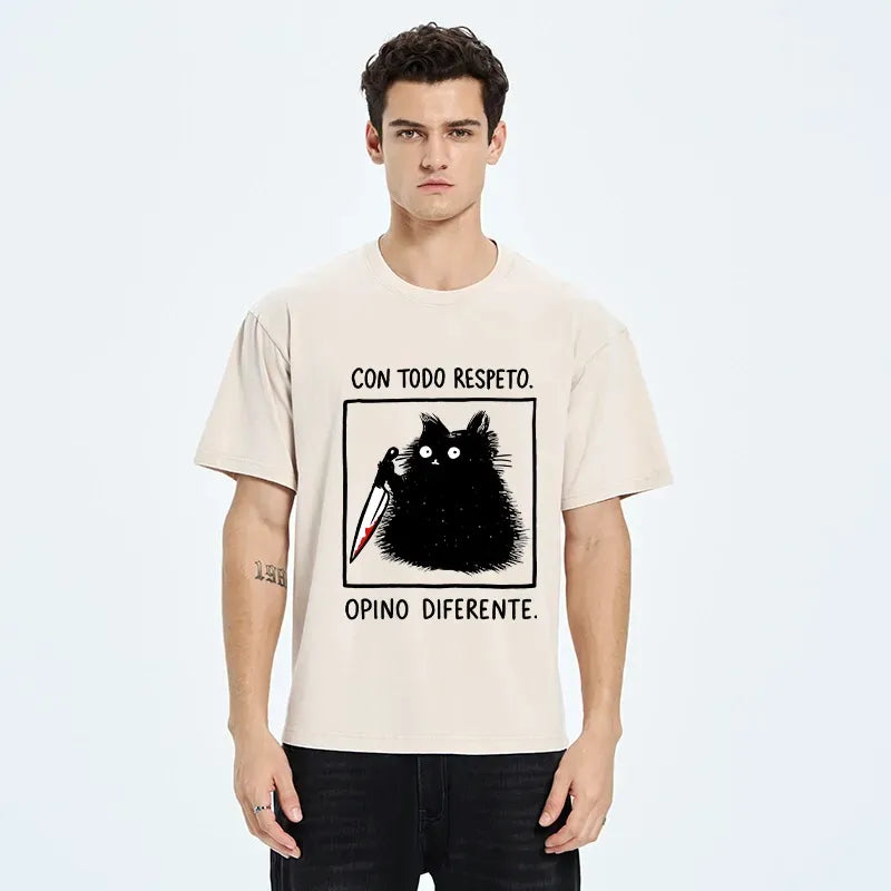 Washed Cotton Cat Tee for Summer