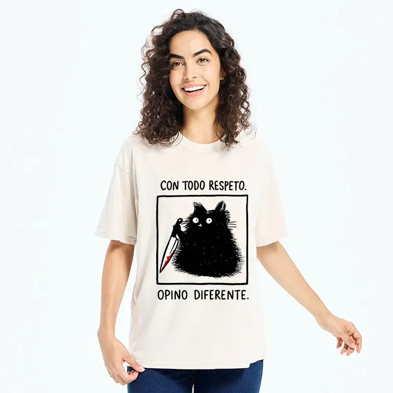 Kyoto-Lion Black Cat Holds Knife Disagrees Washed T-Shirt