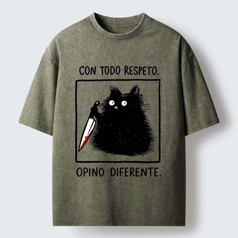 Kyoto-Lion Black Cat Holds Knife Disagrees Washed T-Shirt
