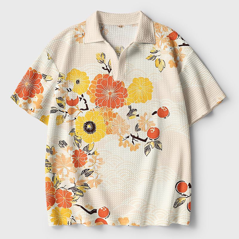 Kyoto-Lion Fruitful Flower Crochet Polo Shirt