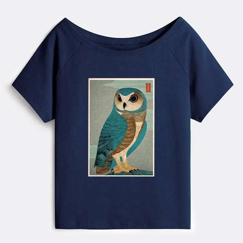 Kyoto-Lion Vintage Owl Woodblock Art Off Shoulder T-Shirt