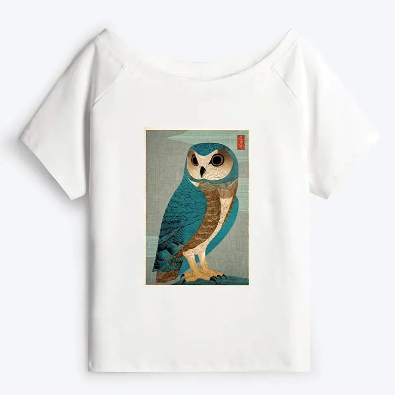 Kyoto-Lion Vintage Owl Woodblock Art Off Shoulder T-Shirt