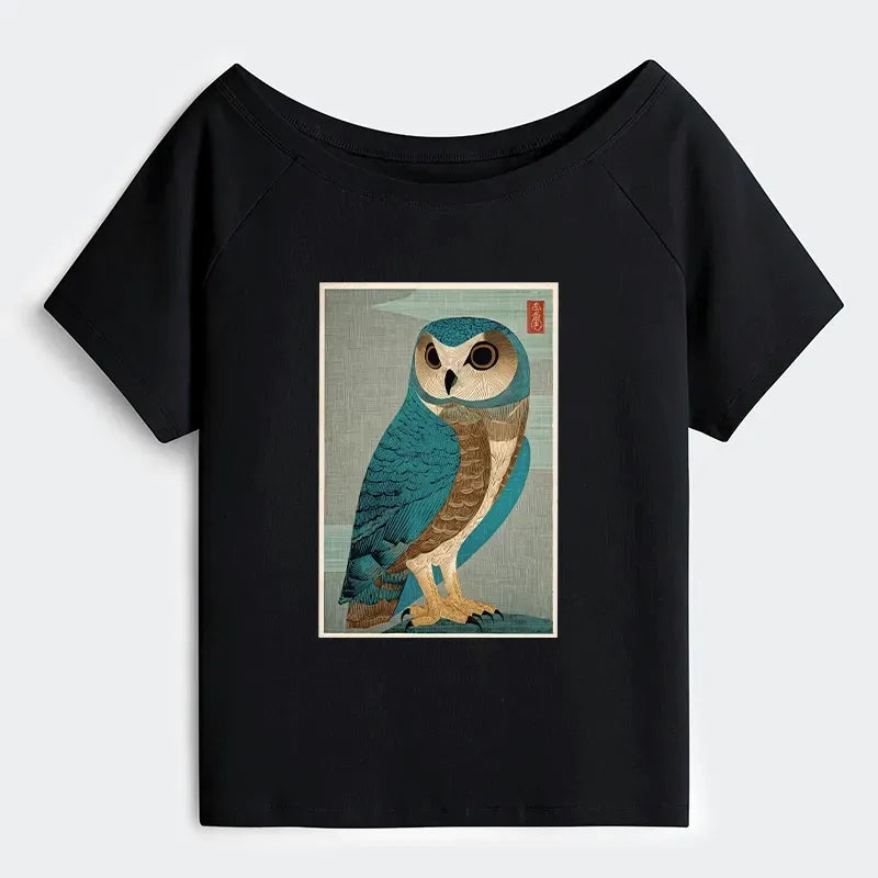 Kyoto-Lion Vintage Owl Woodblock Art Off Shoulder T-Shirt