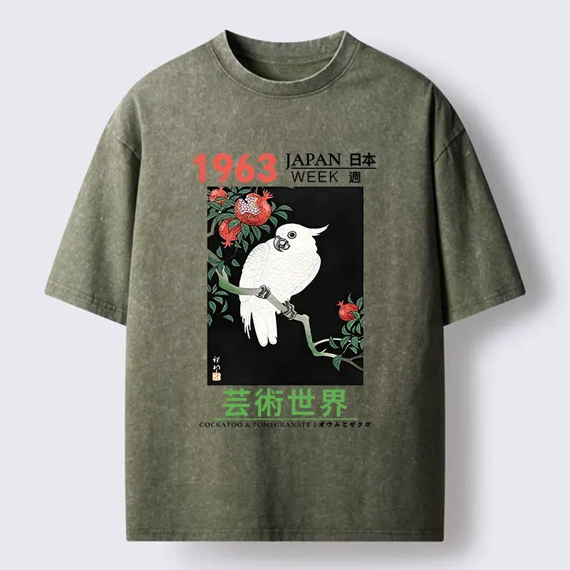 Kyoto-Lion White Parrot Poster Washed T-Shirt
