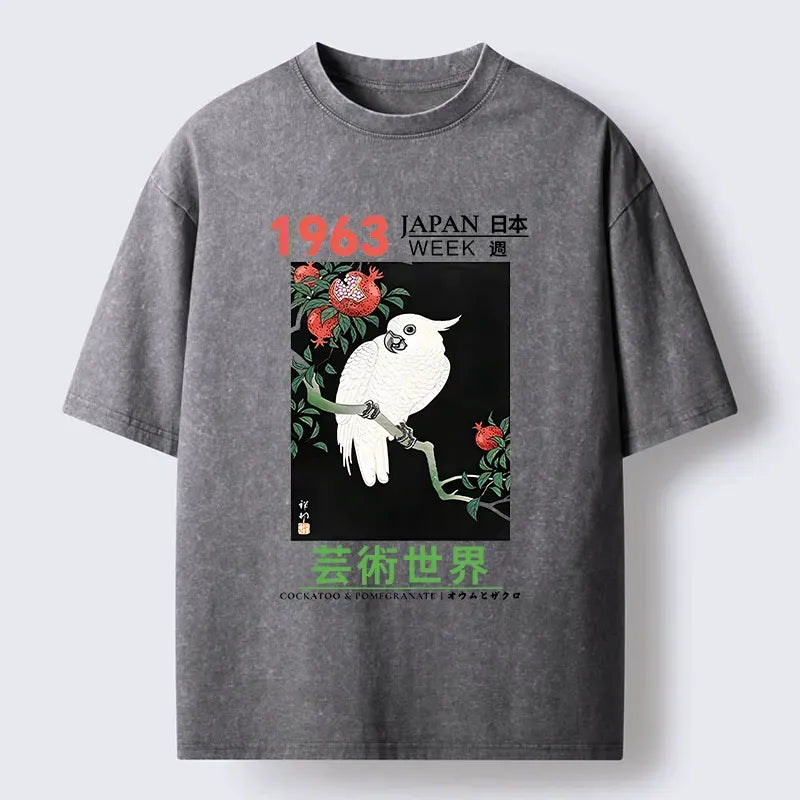 Kyoto-Lion White Parrot Poster Washed T-Shirt