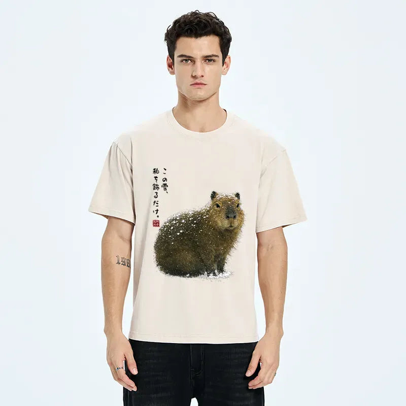 Kyoto-Lion Snow Adorns Me: Capybara Serenity Washed T-Shirt